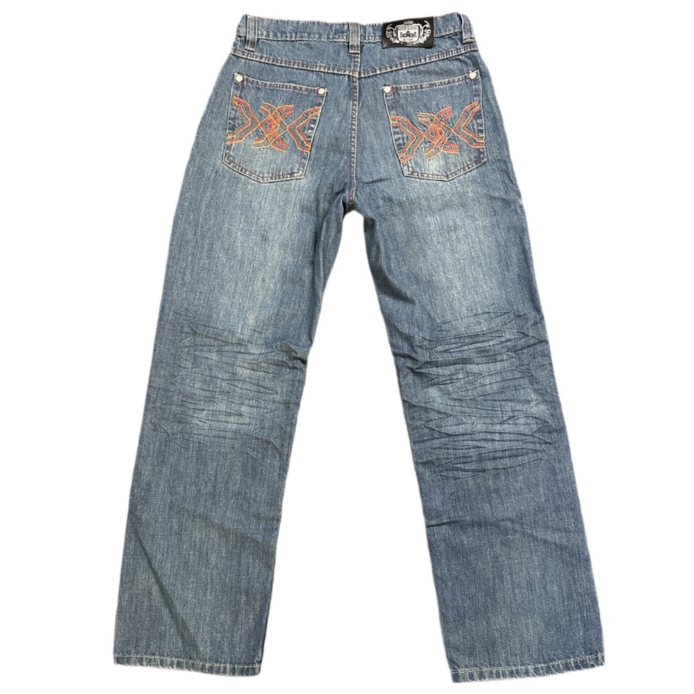 Y2K JEANS FORT men's blue faded wide straight embroidered jeans, 33".